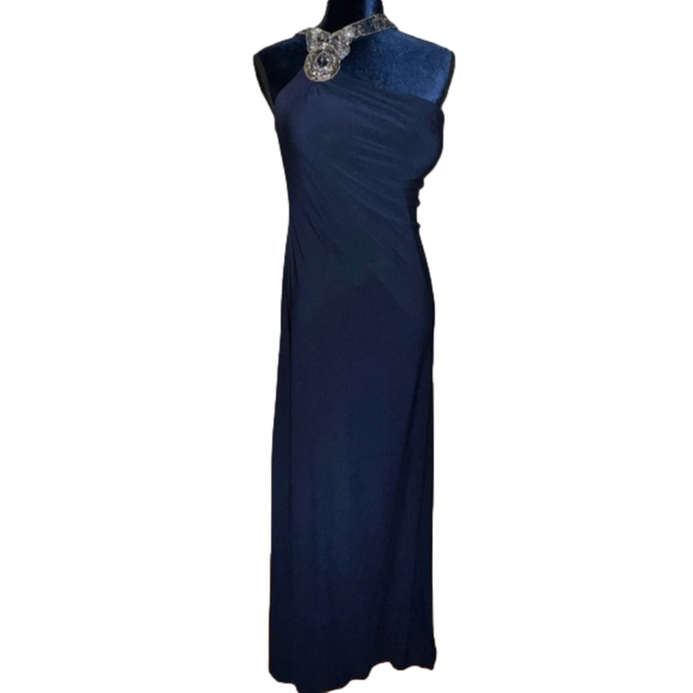 Cachet evening dress one shoulder beaded long size 10 Navy Blue